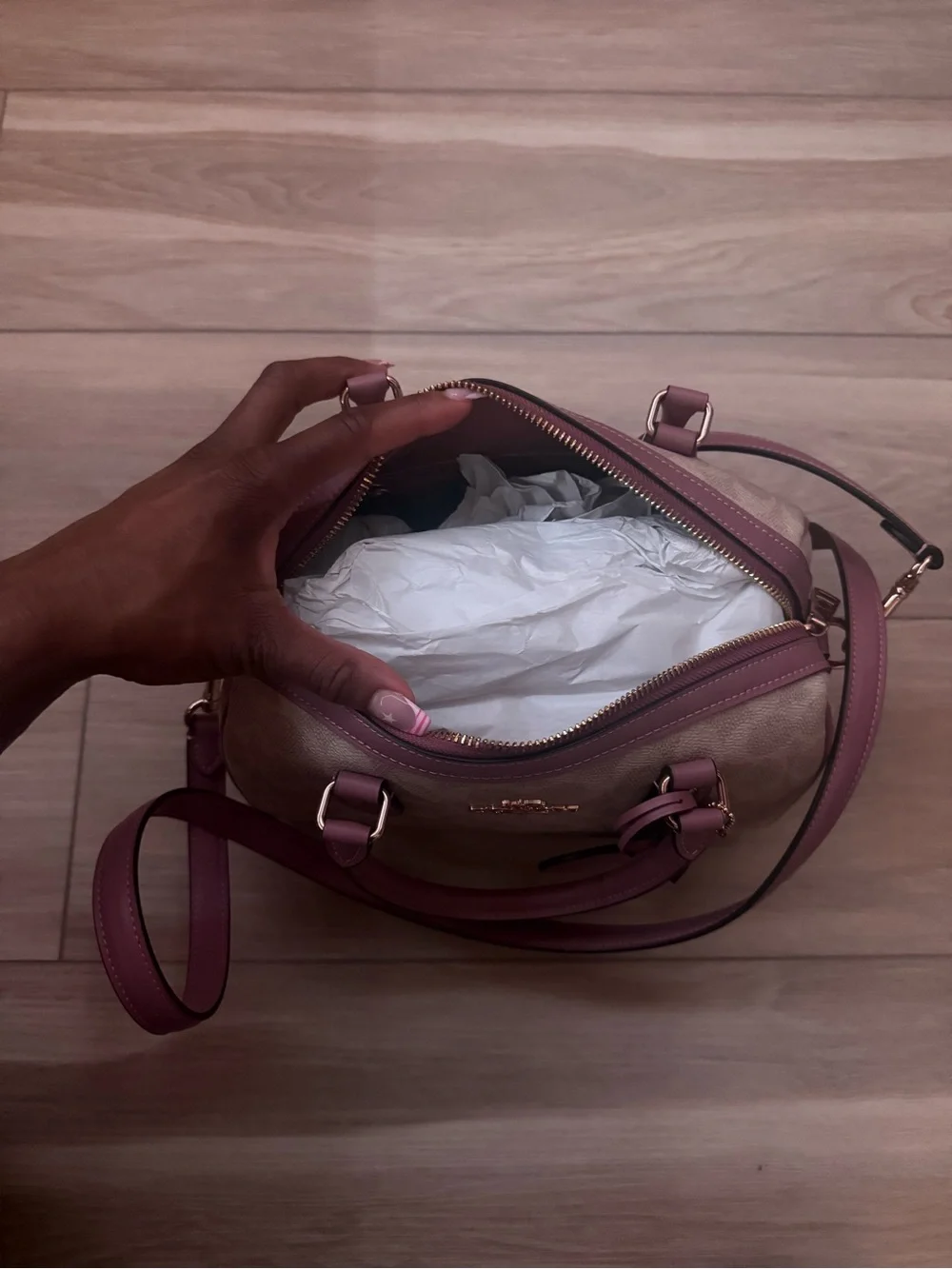 Coach Signature Canvas Rowan with Pink Trim and heart charm